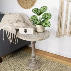 Clearance Kirklands Home Round Antique Etched Pedestal Accent Table Gray