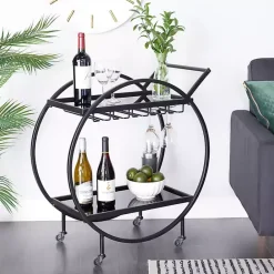 Kirklands Home Round Metal and Glass 2-Ter Bar Cart Black