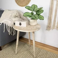 Best Kirklands Home Round Brushed White Engraved Accent Table