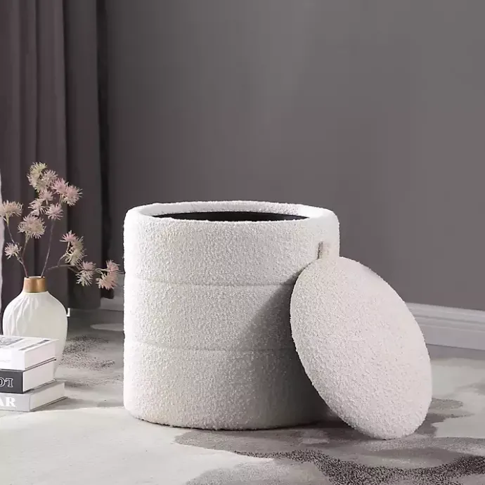 Best Kirklands Home Round Cream Boucle Storage Ottoman Ivory