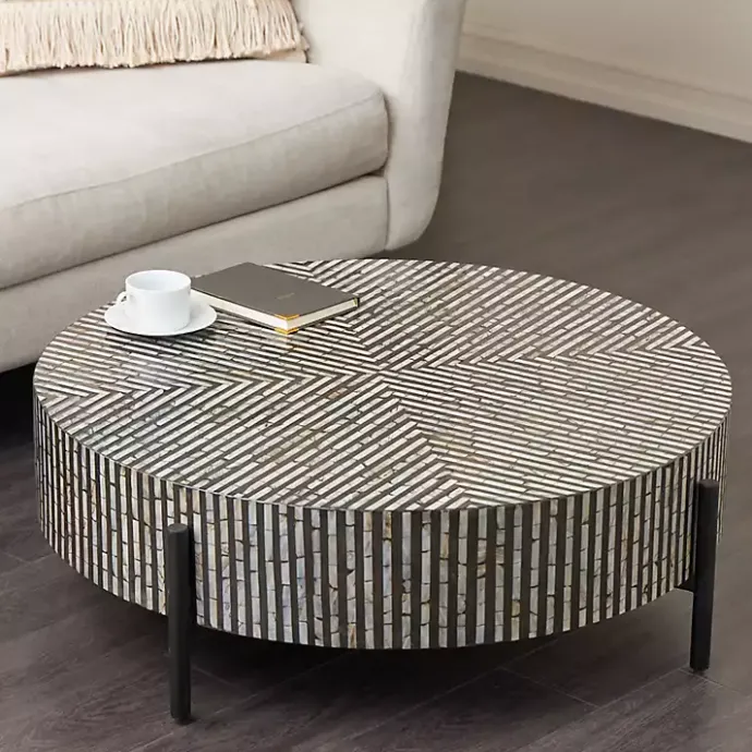 Outlet Kirklands Home Round Geometric Stripe Shell Coffee Table