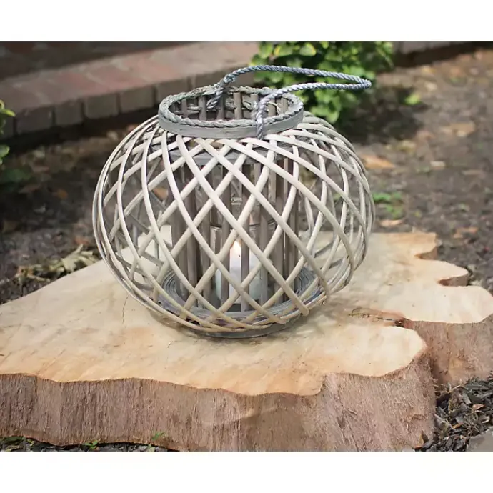 Online Kirklands Home Round Willow Lantern with Glass Pillar Gray
