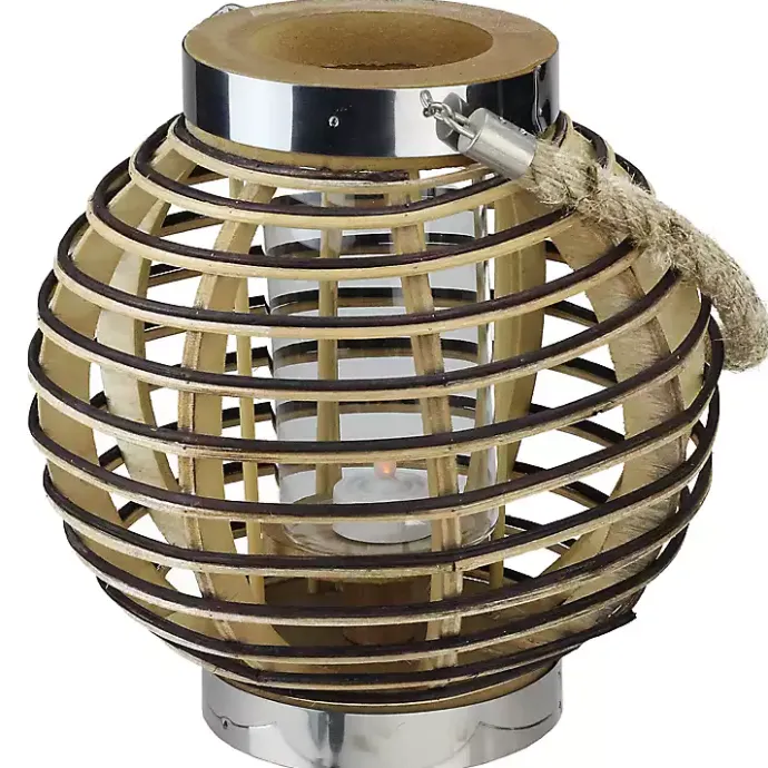 Kirklands Home Round Rattan Hurricane Lantern with Jute Rope