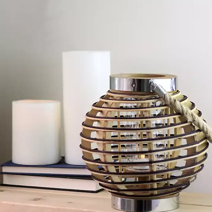Kirklands Home Round Rattan Hurricane Lantern with Jute Rope