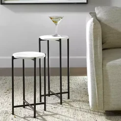 Hot Kirklands Home Round White Marble Accent Tables, Set of 2 Black