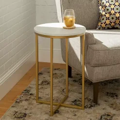Kirklands Home Round Marble and Gold Accent Table White