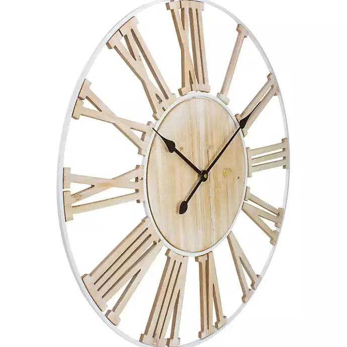 Online Kirklands Home Round White Metal and Wood Wall Clock