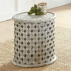 Sale Kirklands Home Round White Wood Lattice Accent Table