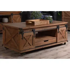 Best Kirklands Home Rustic Fir Wood Rolling Barn Door Coffee Table Tan