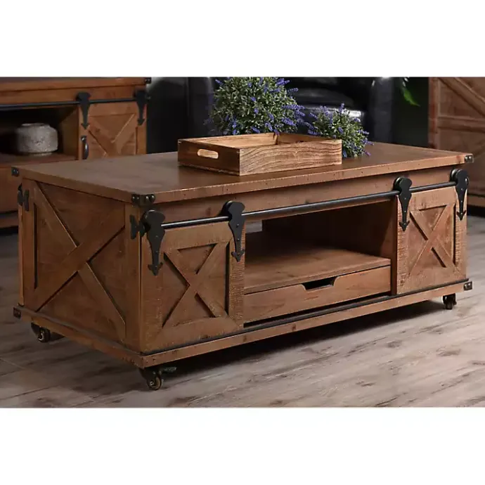 Best Kirklands Home Rustic Fir Wood Rolling Barn Door Coffee Table Tan