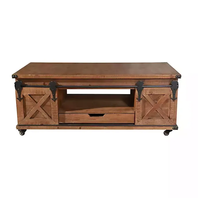 Best Kirklands Home Rustic Fir Wood Rolling Barn Door Coffee Table Tan