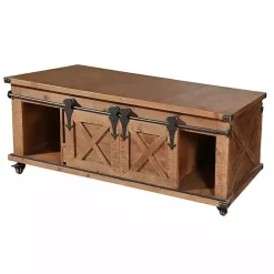 Best Kirklands Home Rustic Fir Wood Rolling Barn Door Coffee Table Tan