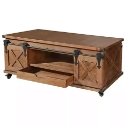 Best Kirklands Home Rustic Fir Wood Rolling Barn Door Coffee Table Tan