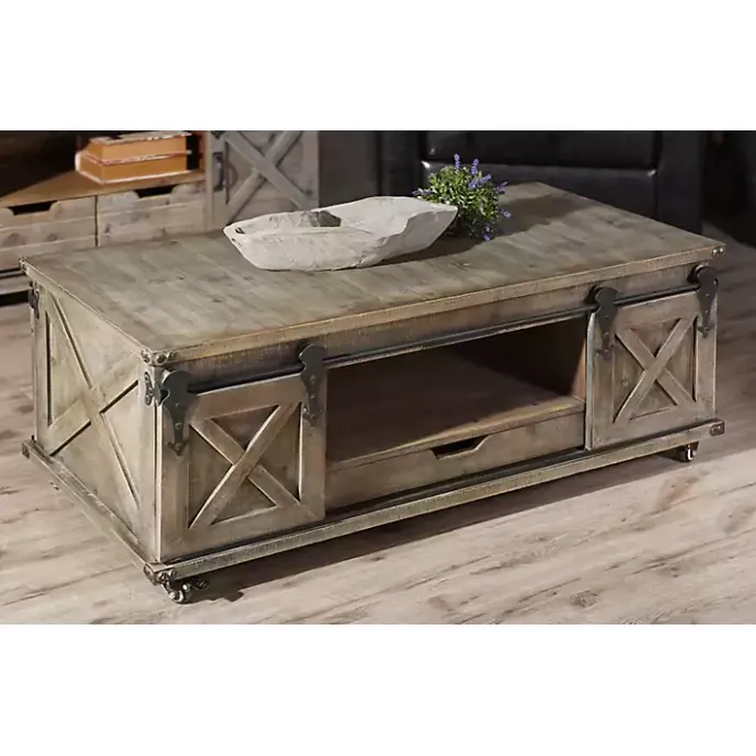 Outlet Kirklands Home Rustic Wood Rolling Barn Door Coffee Table Gray