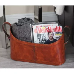 New Kirklands Home Rustic Leather Magazine Basket Brown