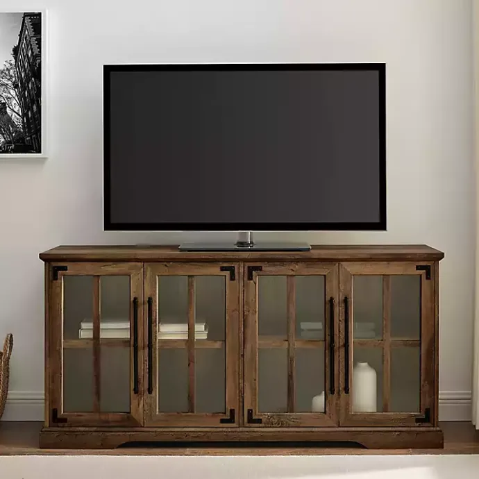 Hot Kirklands Home Rustic Oak Window 4-Door TV Stand Brown