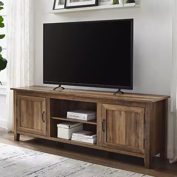 Kirklands Home Rustic Oak Wood Grooved Door TV Stand Brown