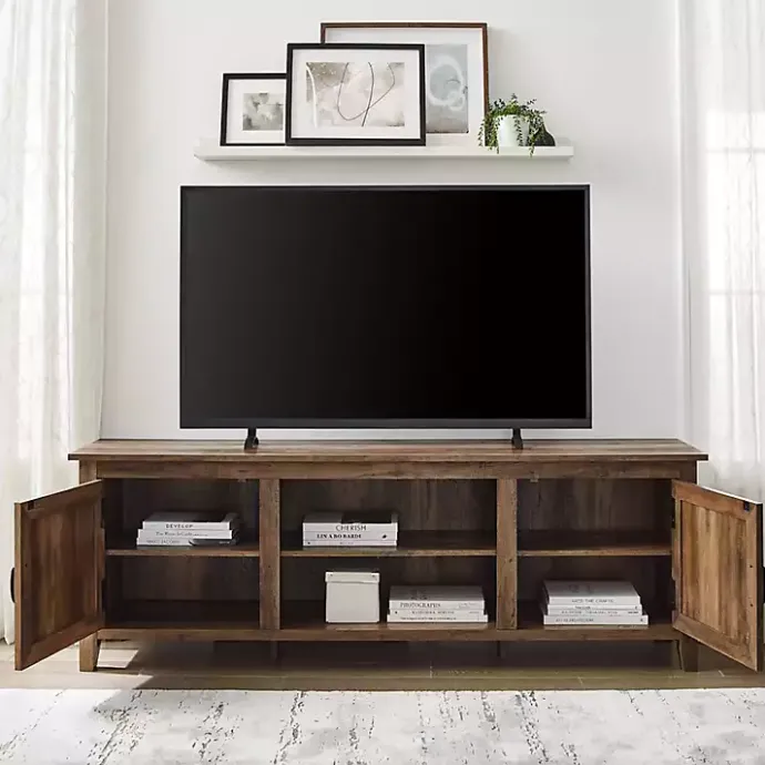 Kirklands Home Rustic Oak Wood Grooved Door TV Stand Brown