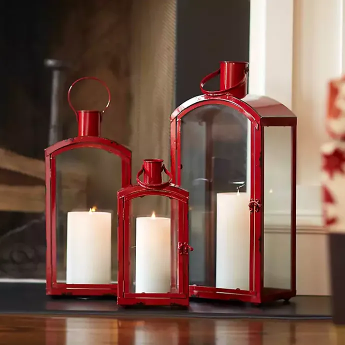 Outlet Kirklands Home Rustic Metal Lanterns, Set of 3 Red