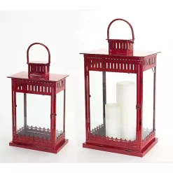 New Kirklands Home Rustic Ornate Metal Lanterns, Set of 2 Red