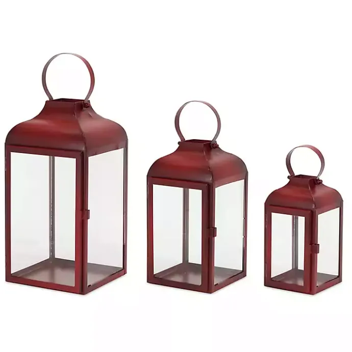 Sale Kirklands Home Rustic Ring Top Metal Lanterns, Set of 3 Red