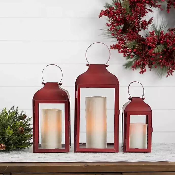 Sale Kirklands Home Rustic Ring Top Metal Lanterns, Set of 3 Red