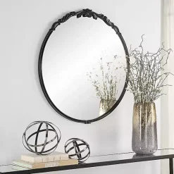 Sale Kirklands Home Satin Black Ornate Round Wall Mirror