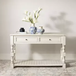 Discount Kirklands Home Savannah Cream Distressed Console Table Ivory