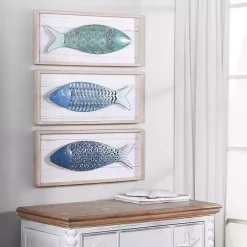 Best Kirklands Home School of Fish Wooden and Metal Plaques, Set of 3 Blue