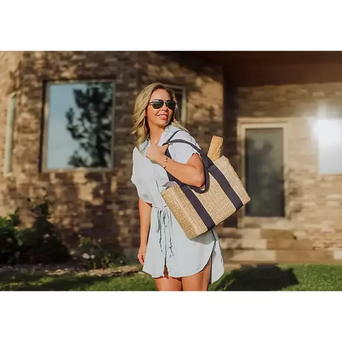 Outlet Kirklands Home Seagrass Navy Tie Top Picnic Basket