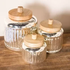 Hot Kirklands Home Silver Glass Jars with Wooden Lids, Set of 3