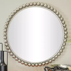 Best Kirklands Home Silver Metal Round Beaded Frame Wall Mirror