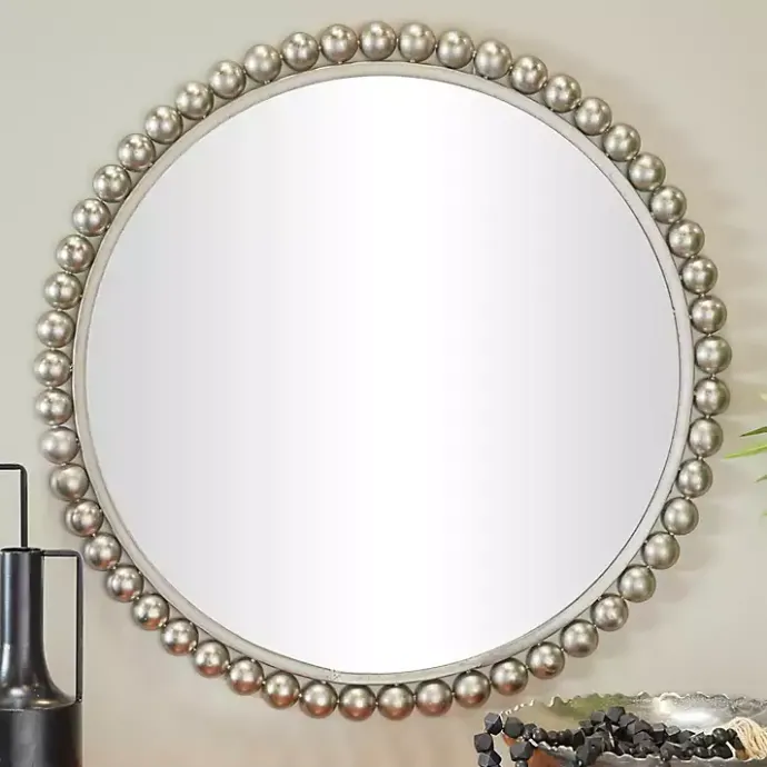 Best Kirklands Home Silver Metal Round Beaded Frame Wall Mirror
