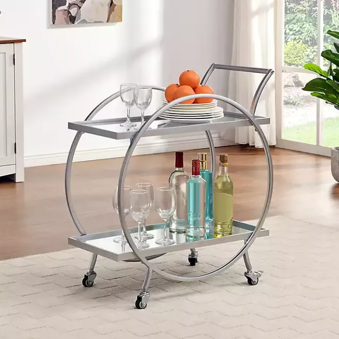 New Kirklands Home Mirrored 2-Tier Odessa Bar Cart Silver