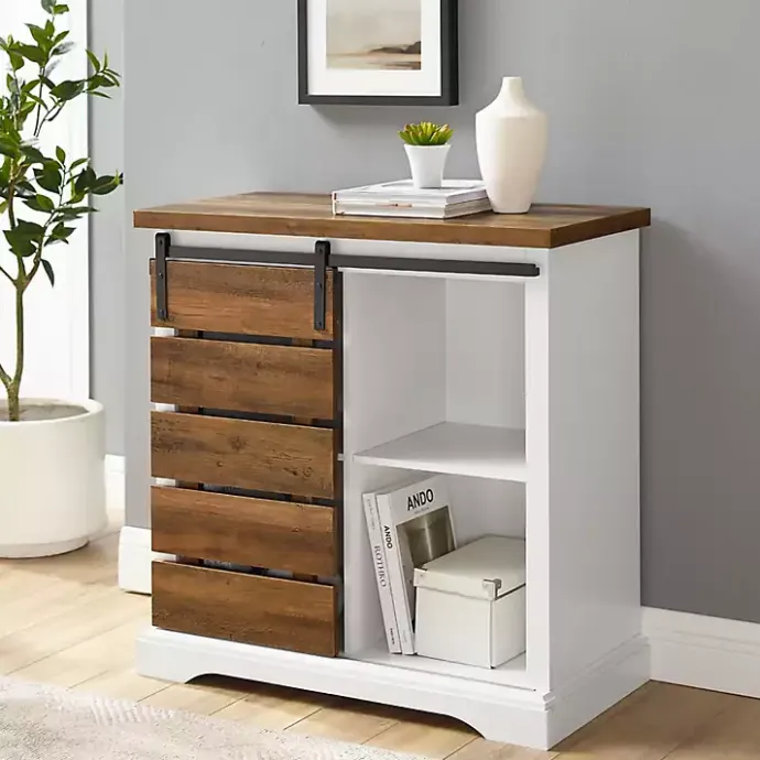 Online Kirklands Home Slatted Sliding Barn Door White and Oak Cabinet Brown