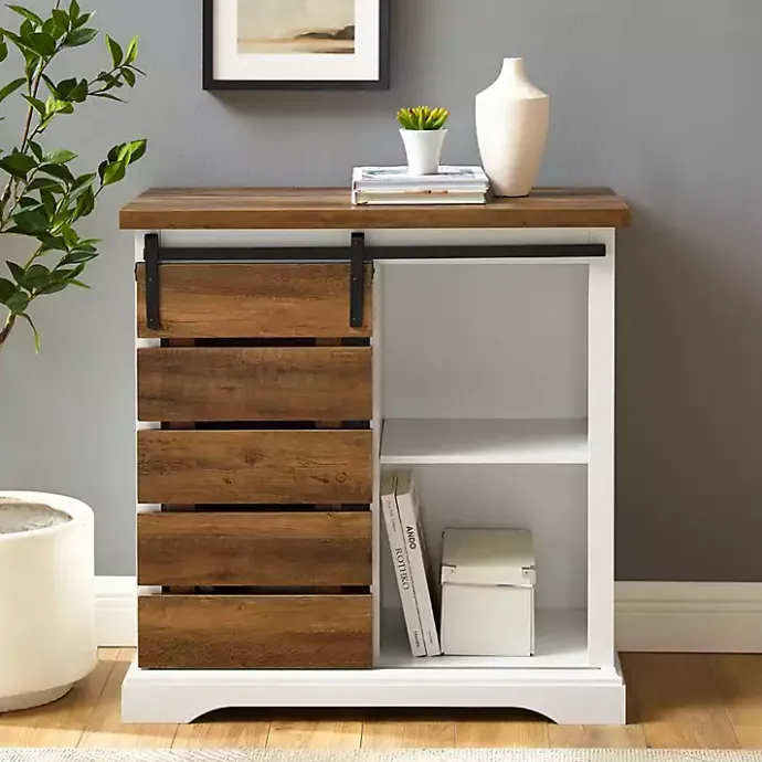 Online Kirklands Home Slatted Sliding Barn Door White and Oak Cabinet Brown