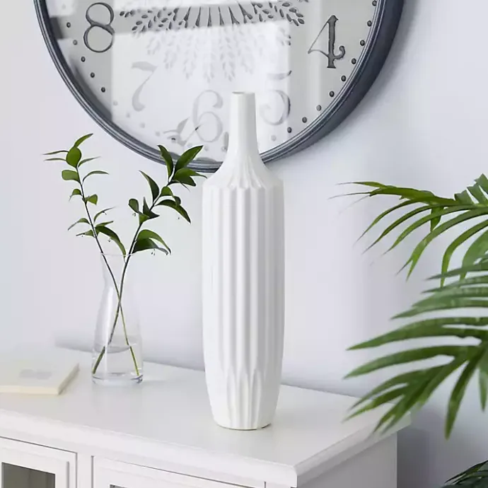 Outlet Kirklands Home Slender Curtain Ribbed Vase, 19 in. White