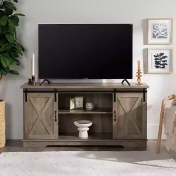 Discount Kirklands Home Sliding Barn Door Open Shelf Wash TV Stand Gray