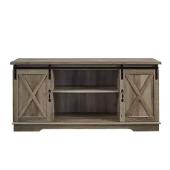 Discount Kirklands Home Sliding Barn Door Open Shelf Wash TV Stand Gray