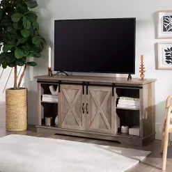 Discount Kirklands Home Sliding Barn Door Open Shelf Wash TV Stand Gray