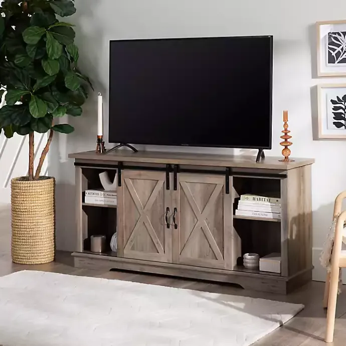 Discount Kirklands Home Sliding Barn Door Open Shelf Wash TV Stand Gray