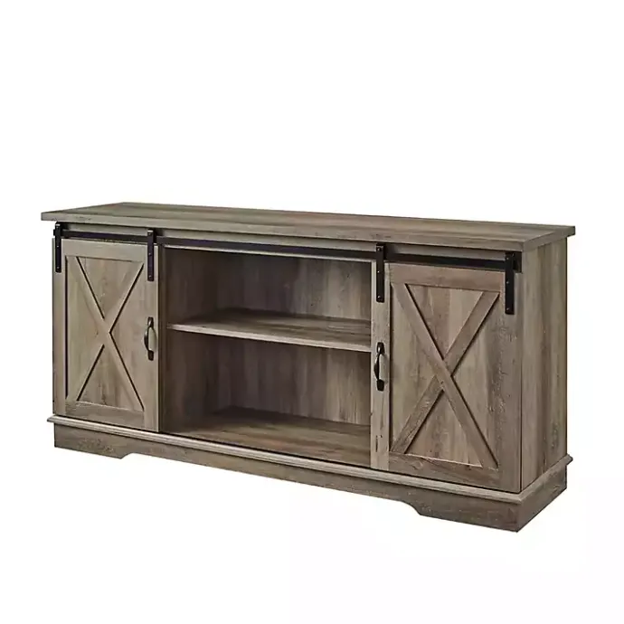 Discount Kirklands Home Sliding Barn Door Open Shelf Wash TV Stand Gray