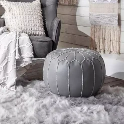 Kirklands Home Smoke Moroccan Leather Pouf Gray