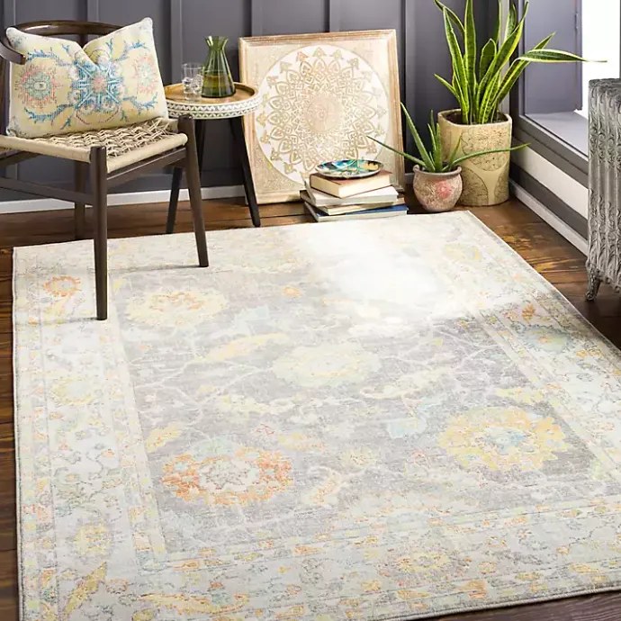 Sale Kirklands Home Soft Yellow and Gray Floral Area Rug, 8x12