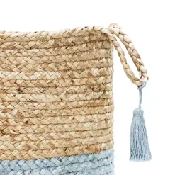 Hot Kirklands Home Spa Blue and Tan Woven Basket with Tassel, 17 in.