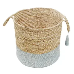 Hot Kirklands Home Spa Blue and Tan Woven Basket with Tassel, 17 in.