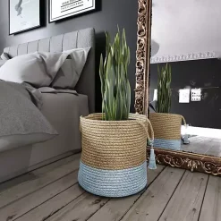 Hot Kirklands Home Spa Blue and Tan Woven Basket with Tassel, 17 in.