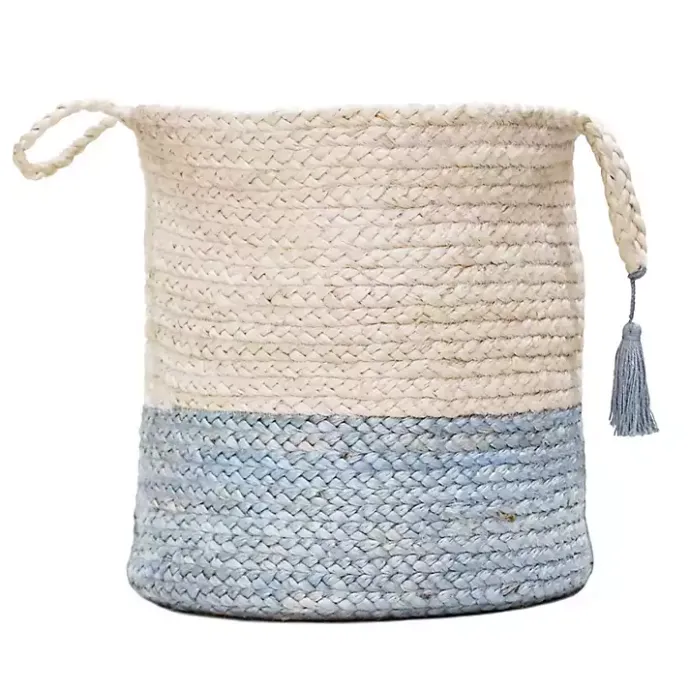 Best Kirklands Home Spa Blue and White Jute Basket with Tassel, 17 in.