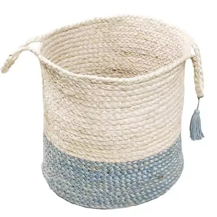 Best Kirklands Home Spa Blue and White Jute Basket with Tassel, 17 in.