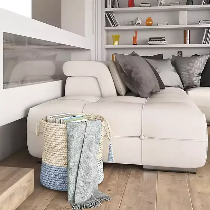 Best Kirklands Home Spa Blue and White Jute Basket with Tassel, 17 in.